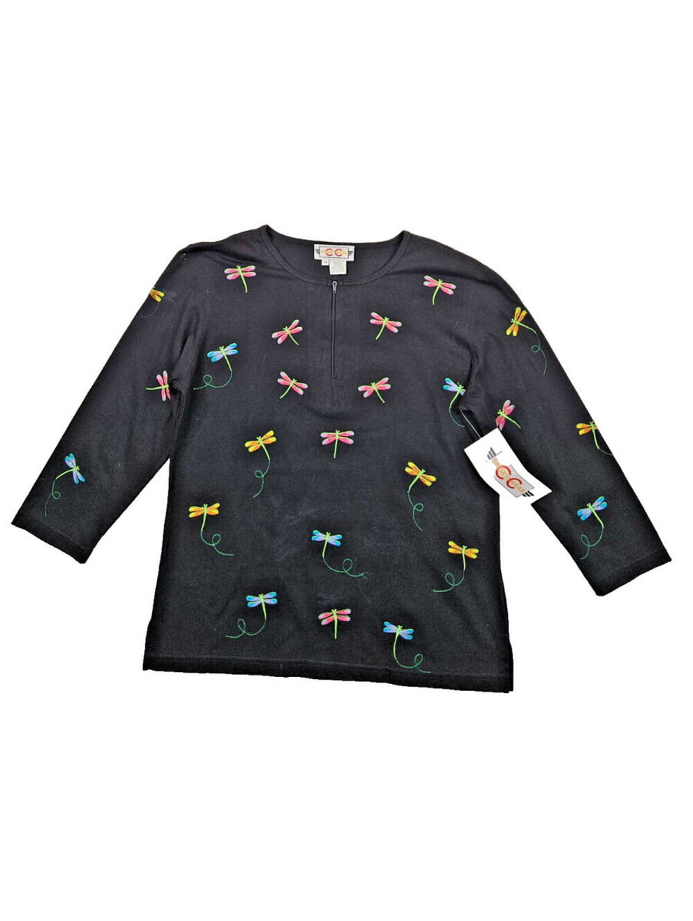 CC Sportswear vintage artsy black top with embroidered dragonflies size M